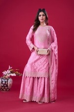 Indian Style Chinnon Silk Top And Palazzo And Light Pink Dupatta For Party Wear