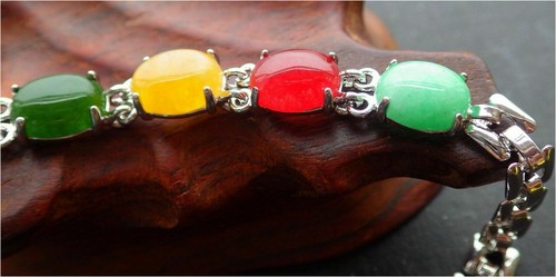 White Gold Plate JADE Cabochon Beads Bangle Bracelet Diamond Imitation 320282 - Picture 6 of 8