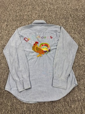 Vtg Arrow Shirt Men Medium Chambray Custom De Colores Rooster Embroidery Western