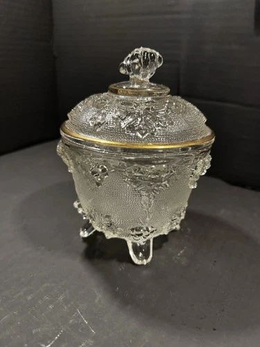 Jeanette Clear Glass Footed Candy Dish Lid Grape Pattern Gold Trim