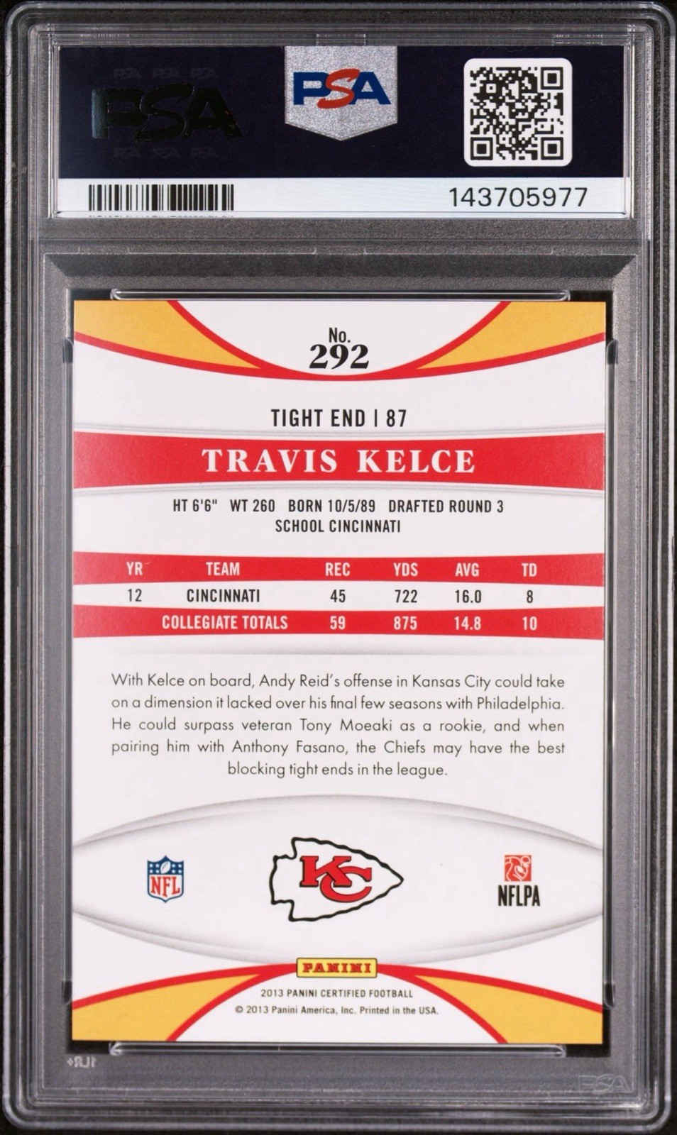Travis Kelce 2013 Panini Certified Football Rookie Card RC /999 PSA 10 Chiefs view 2