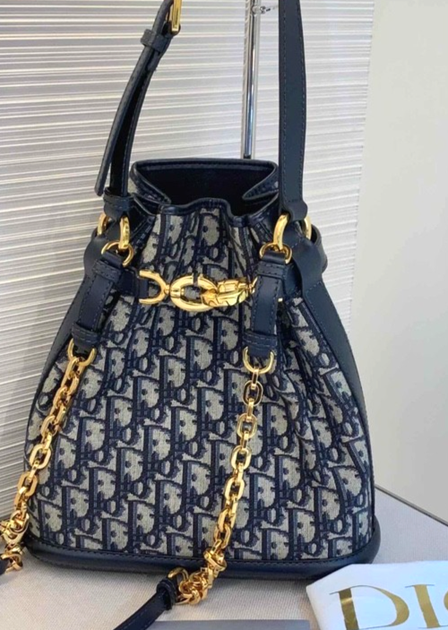 Christian Dior Monogram Blue Gold Drawstring Bucket Bag with Dust Bag