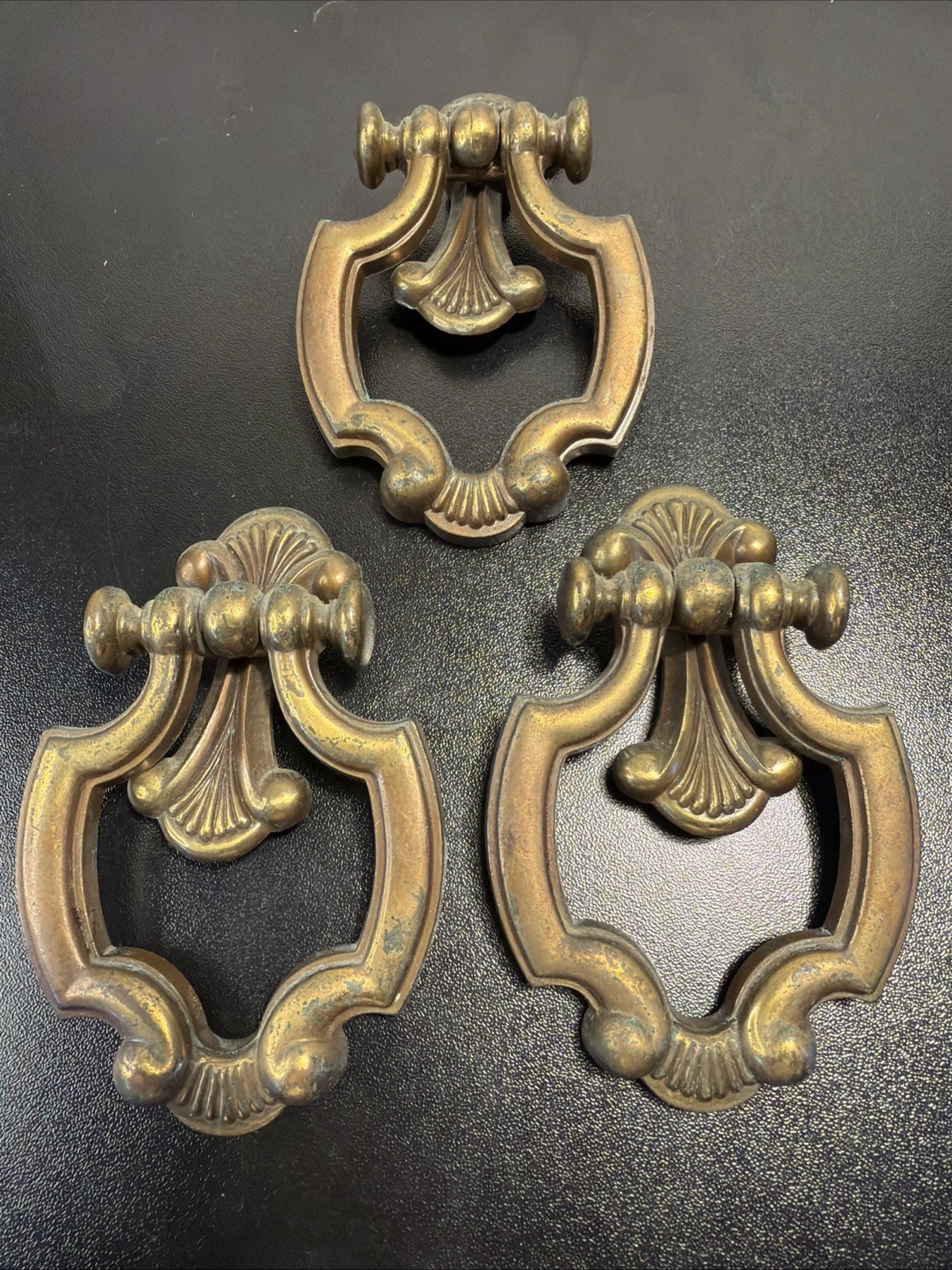 Lot of 3 Antique Brass Ring Drop Pulls Backplate ON 2039 Baroque Ornate Canada