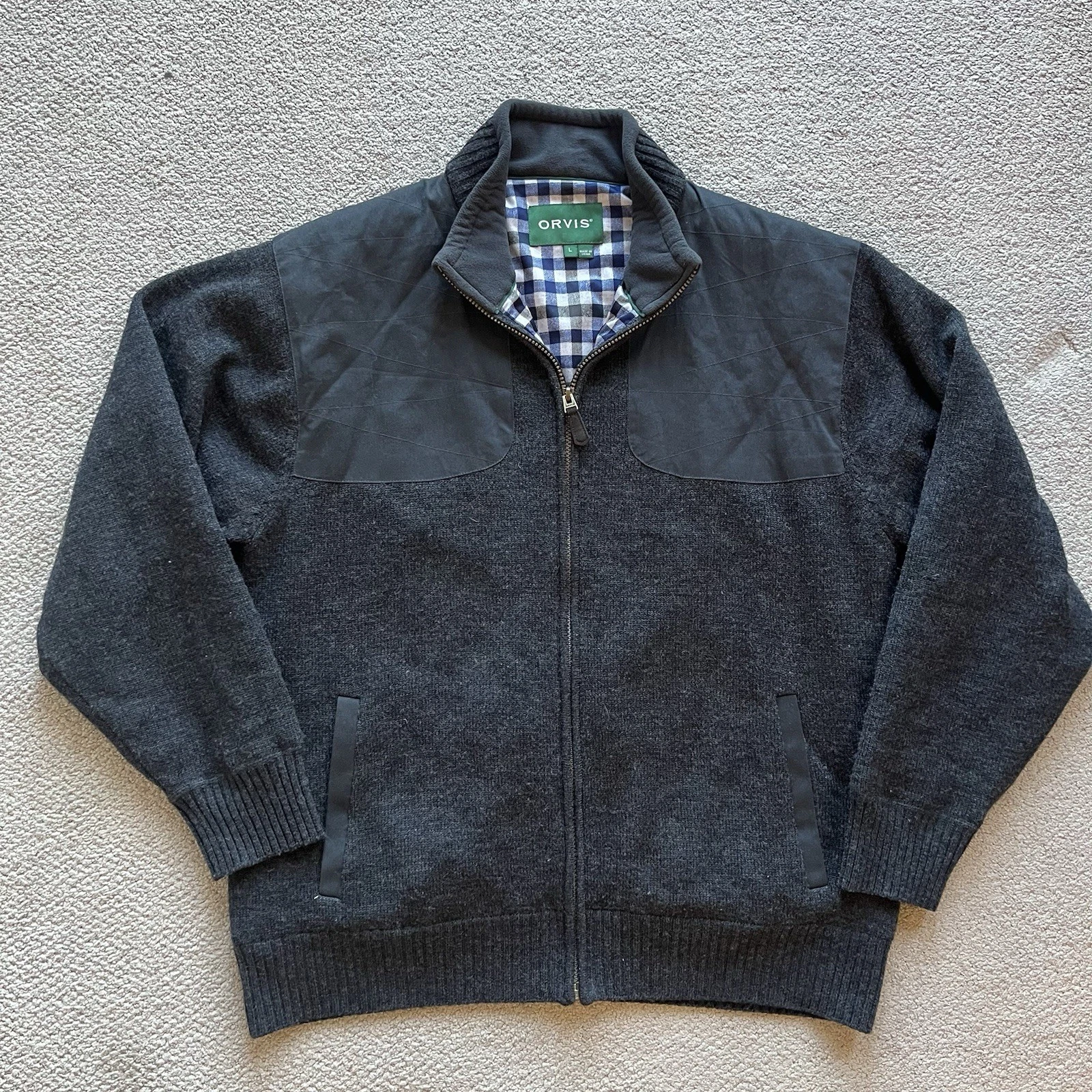 Orvis Men’s L 100% Wool Hunting Shooting Jacket Full Zip Gray Padded Plaid Lined