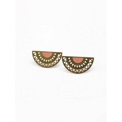 Chic Alors Paris Gold Tone Half Moon Filigree Pink Enamel Detail Earrings Boho