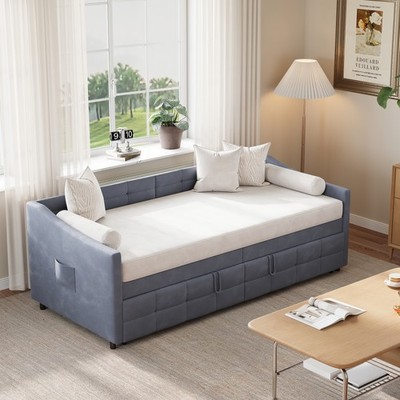 Polsterbett 90x200 mit Lattenrost Ausziehbares Schlafsofa Doppelbett Bettgestell