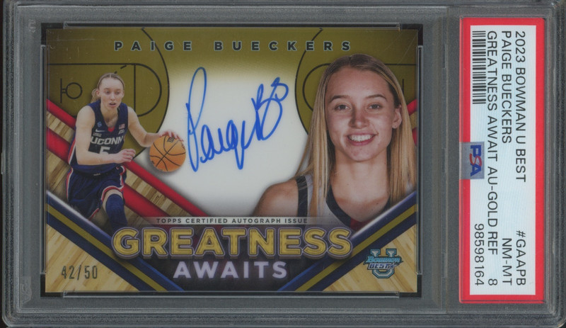 2023 Bowman U Best Greatness Awaits Gold Refractor Paige Bueckers /50 Auto PSA 8