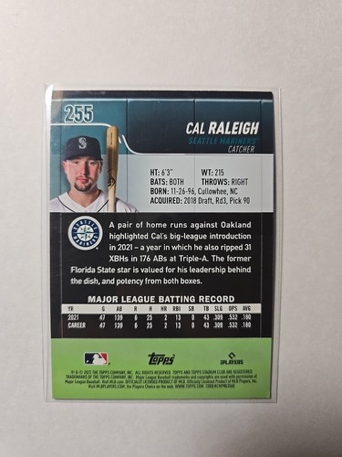 2022 Topps Stadium Club Black Foil Parallel #255 Cal Raleigh Mariners Rookie RC - Picture 2 of 2