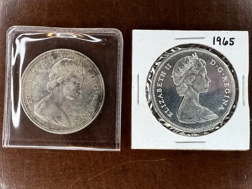 Lot of 2 Canada Silver Dollars -- 1965 & 1966 -- 80% Silver & .6 troy oz each