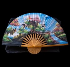 LARGE BAMBOO FAN HAND PAINTED WALL ART SERENE ASIAN BIRDS DECORATIVE ARTWORK