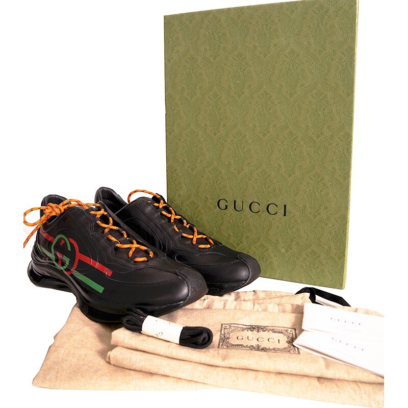 11G 11.5 NEW $1090 GUCCI Men's Black Leather RUN GREEN RED GG Logo