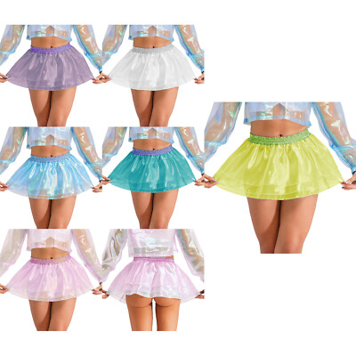 DE Damen Glänzender Kurzer Rock Gestufte A-Linie Tutu Minirock Urlaub Party Bar