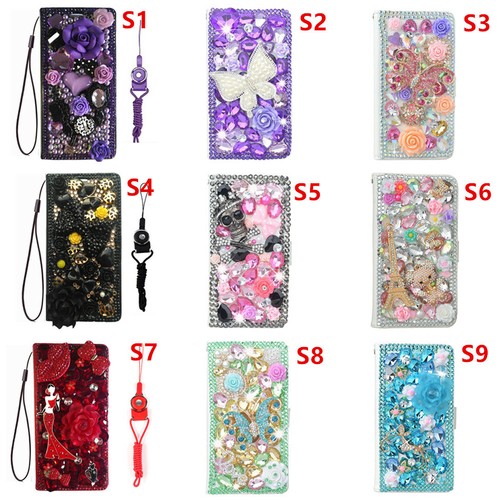 Fancy Bling Rhinestone Wallet Flip Leather Case Cover for iPhone Samsung Lanyard - Picture 5 of 18