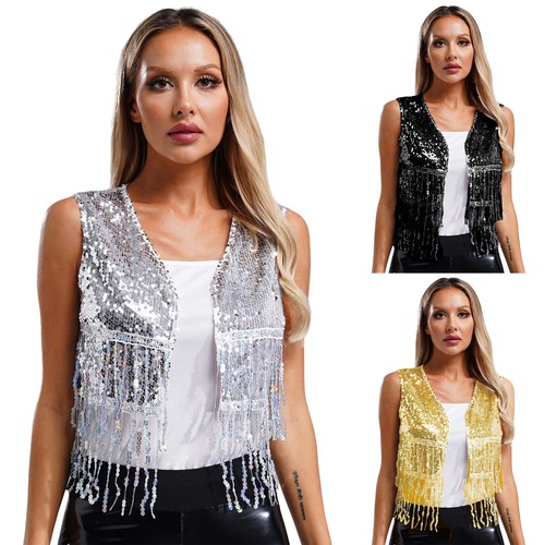 Womens Vest Music Festival Top Cardigan Waistcoat Performance Sequin Halloween - Picture 4 of 46