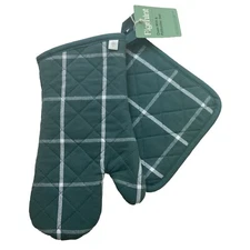 Figmint Quilted Oven Mitt & Potholder Set Green Plaid Windowpane