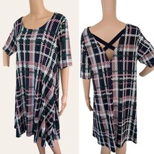 Nina Leonard Cross Back Navy Blue Shift Dress Geometric Print L