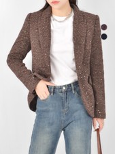 L'AGENCE Womens Tweed Shiny Beads One Button Long Sleeve Tweed Blazer