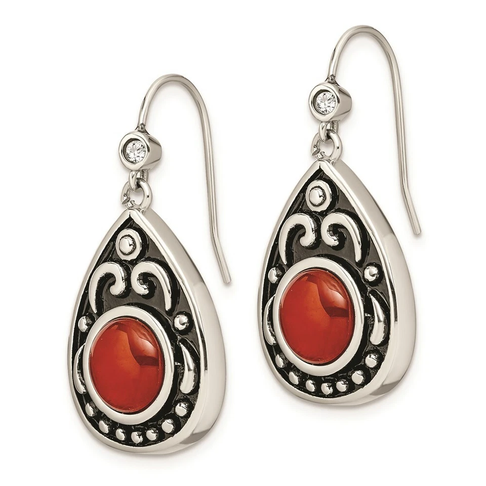 Pendientes colgantes de acero inoxidable pulido/antiguo ágata roja/circonita cúbica Foto 3 de 4