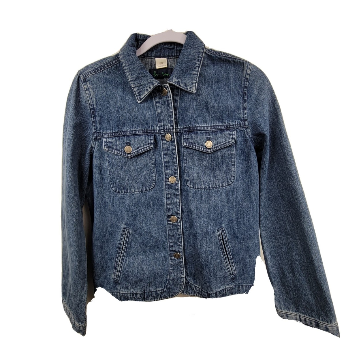 Boden Women's Blue Denim Jacket Button Up Logo on Buttons Collared