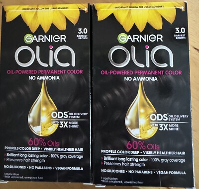 2) GARNIER OLIA PERMANENT HAIR COLOR/DYE 3.0 DARKEST BROWN NO AMMONIA GRAY COVER