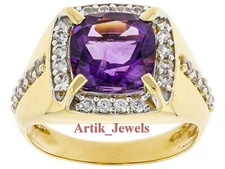 Natural Amethyst & CZ Gemstone With 14K Gold Plated Silver Ring for Men's #717