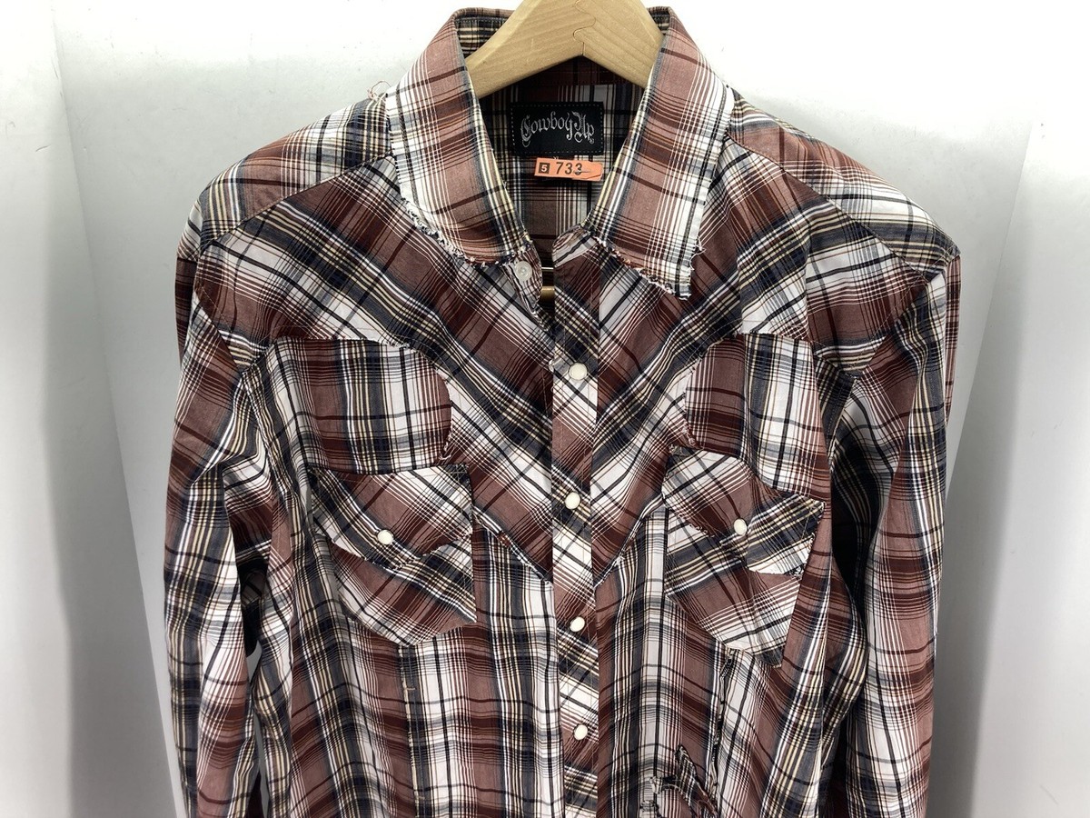【90s VINTAGE】総柄ベスト☆メタルフック☆ネイティブ柄☆ブラウン L Cowboy Up Pearl Snap Shirt Men XL Brown Plaid Long Sleeve Western