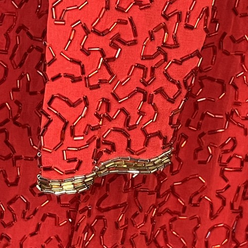 Vintage schwarze Krawatte Neiman Marcus Seide Perlenkleid festlich rot und gold - Bild 9 von 10