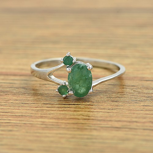 Bague En Argent Sterling 925 Avec émeraude Créée En Laboratoire - Taille 8 - Neuf Fait Main