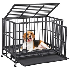 37 inch Heavy Duty Dog Crate Metal Dog Kennels for Large Dog with Tray Black