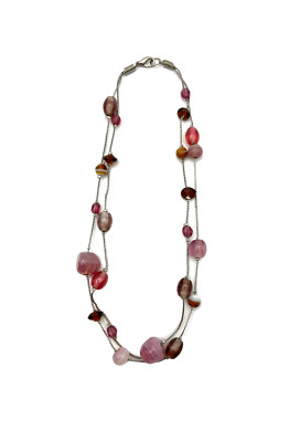 Pink & Orange Art Glass Multi-Strand Beaded Choker Necklace 16'' Silver Tone EUC