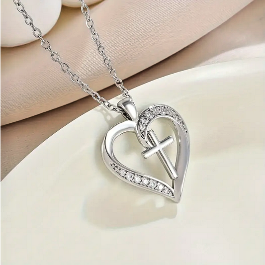 crystal CROSS LOVE HEART FAITH pendant 925 sterling SILVER 20