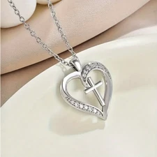 crystal CROSS LOVE HEART FAITH pendant 925 sterling SILVER 22" necklace Women