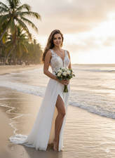 NWT Wedding Dress White Chiffon A-Line Gown w/High Leg Slit  Sweep Train Size 2