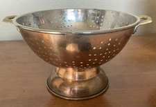 Vintage Copper Strainer Colander w Brass Handles & Pedestal Base 9 inch