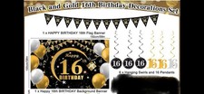 16th Birthday Decorations- Large Banner, bunting & Spirals. Black, Gold & Silver