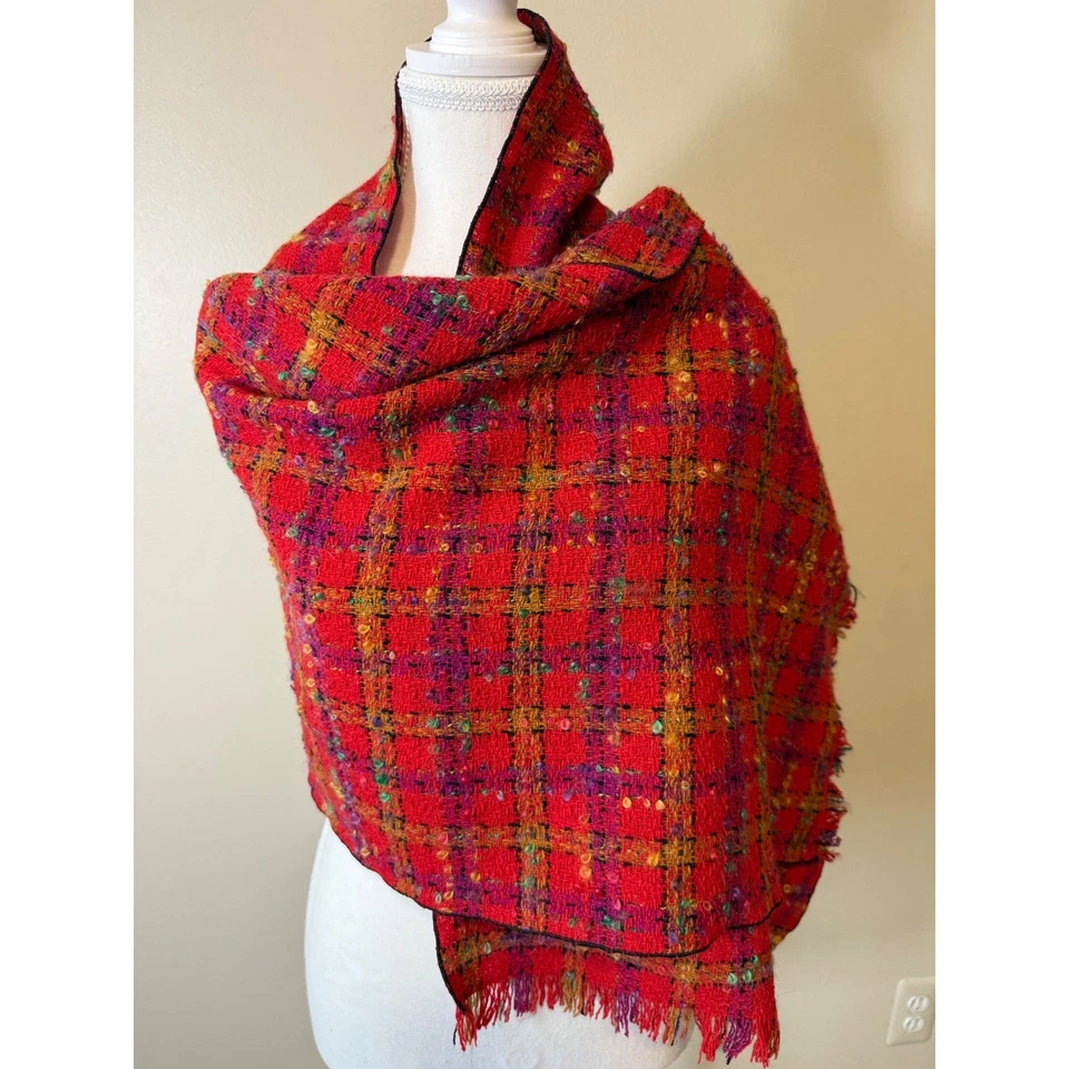Made in France Wool Mohair Blend Plaid Scarf Red Purple Multicolor Fringe Trim - Image 4 of 4