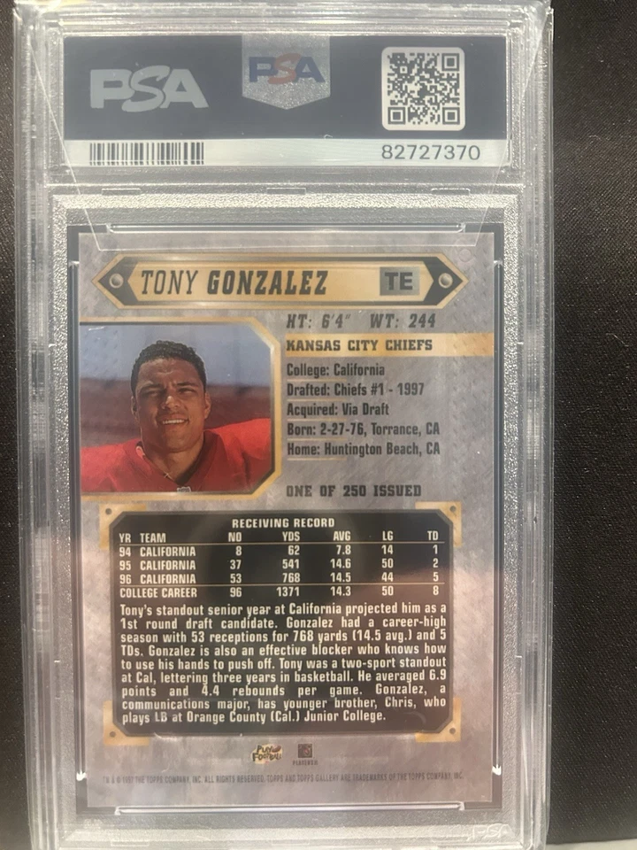 Topps Gallery 1997 - Tony Gonzalez #11 (RC) PSA10 Población 9 (PPI) Foto 2 de 2