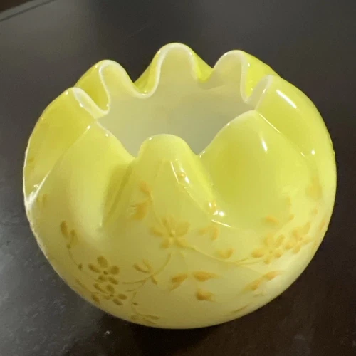 Vintage Glass Victorian Rose Bowl Yellow White Interior Hand Painted Flowers