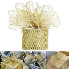 HUIHUANG Gold Glitter Wired Ribbon 2.5in x 10yd Mesh Metallic Craft