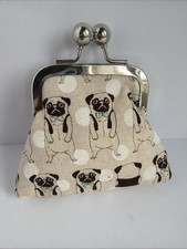 Cute Pug Dog Puppy Coin Purse With Blue Checkered Bow tie And Lining.