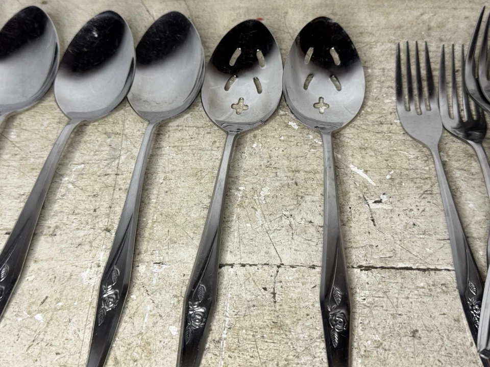 67pc Lot Vintage MCM Japan Stainless Flatware Set Rose Pattern Serving - Image 3 of 4