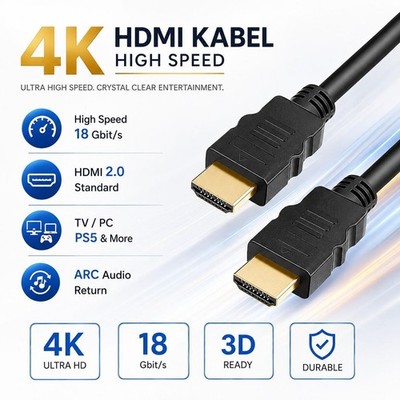HDMI Kabel 2.0 4K Full HD 60Hz 18Gbps HDR ARC vergoldet TV PS5 Beamer 1-20m
