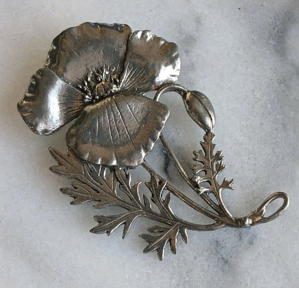 Beautiful Vintage Flower Signed MASJ Pewter Floral Pin Brooch /pendant - Image 2 of 4
