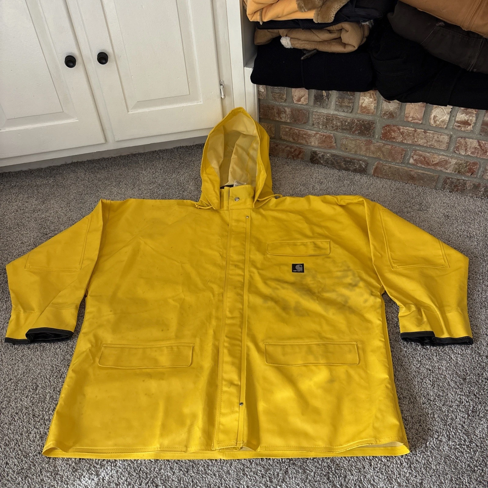 Carhartt PVC Surrey Jacket Men XL Yellow Fishing Rain Coat Waterproof Work Marks