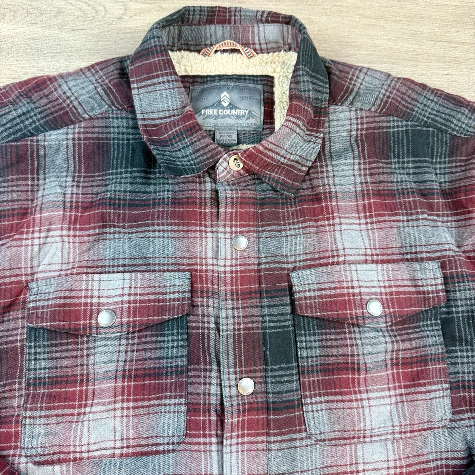 Free Country Adirondack Snap Sherpa Flannel Shirt Jacket Men's XXL Red Gray Jac - Image 4 of 4
