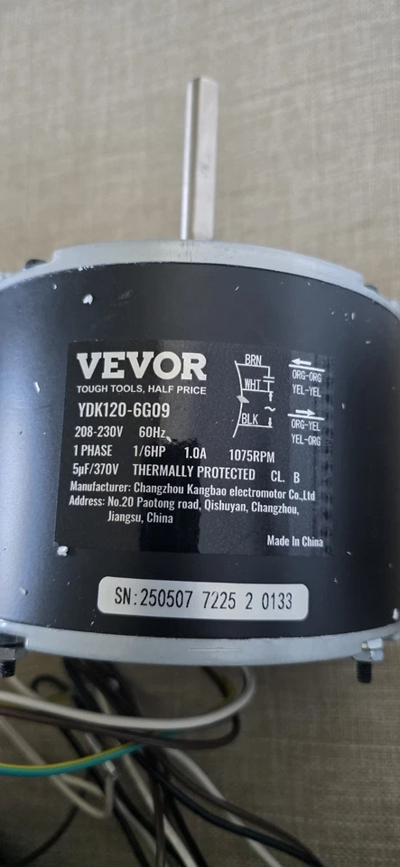 Vevor Condensor Motor Fan YDK120-6G09  1075 RPM 208V-230V Reversible Rotating - Image 2 of 4