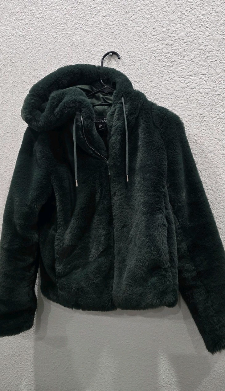 Rachel Zoe Green Hooded Faux Fur Teddy Bear Coat Jacket Size S