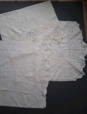 Set 3 Antique Unblitched LINEN Huge Towels MONOGRAMS Hand Embroidered LACE Trim