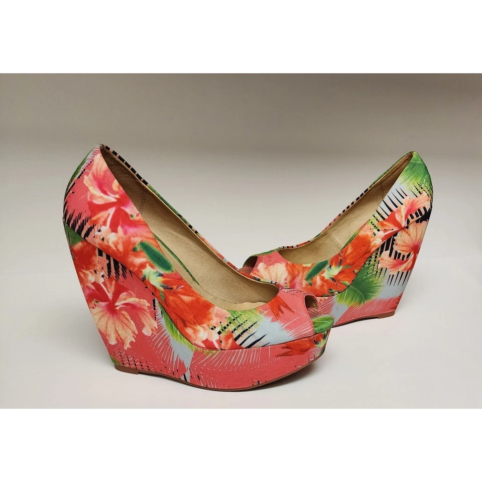 ALDO Mujer Estampado Tropical Hazinski Peep Toe Cuñas Talla 7.5 Foto 4 de 4