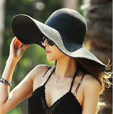 Fashion Womens Ladies Foldable Wide Large Brim Floppy Summer Sun Beach Hat Straw Hat Cap 